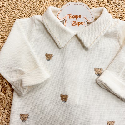 Macacão Tricotil (Tricot 100% Algodão) com Gola e Bordado - Off White Ursinho de Gravata